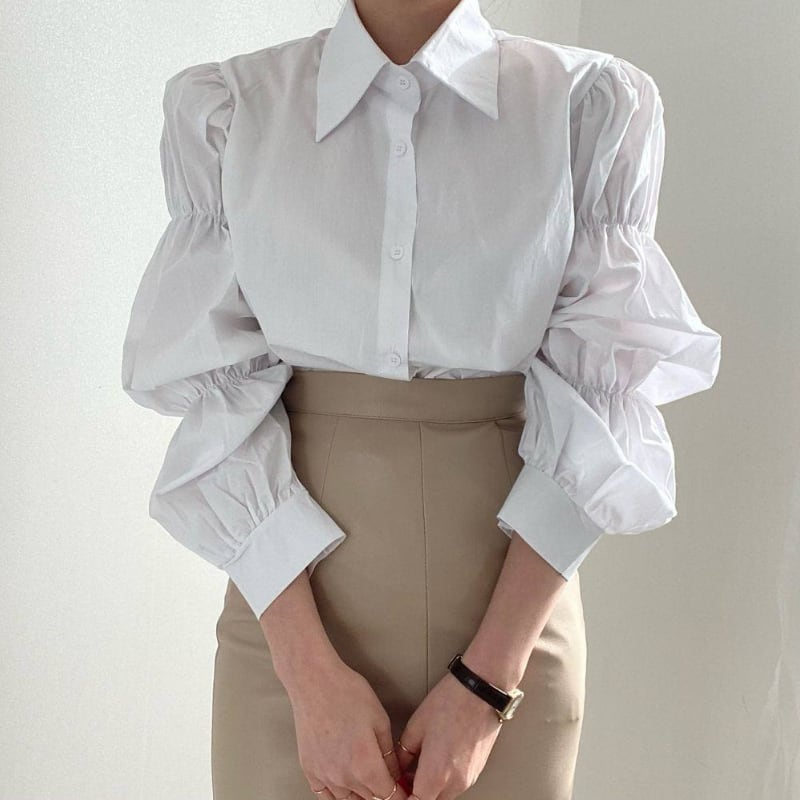 ギャザーパフスリーブ シャツカラー ルーズフィットシャツ ◆3color 204589