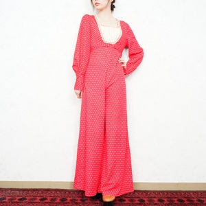 *SPECIAL ITEM* 70's USA VINTAGE DOT PATTERNED PEARL BUTTON DESIGN WIDE FLARE ROMPERS/70年代アメリカ古着パールボタンデザインワイドフレアロンパース