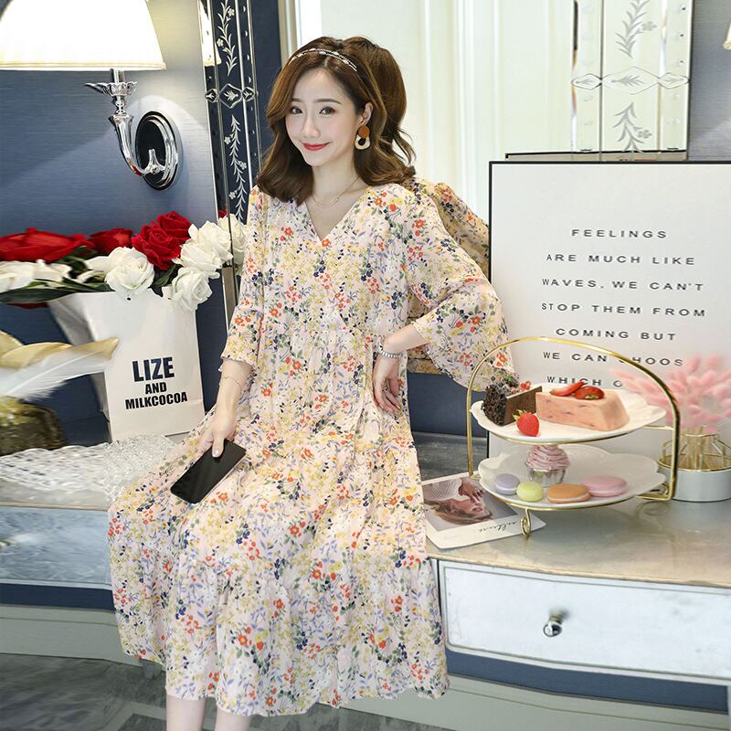 【新作】【送料無料】 新しいマタニティドレスファッションVネックフローラルシフォンプラスサイズのマタニティドレスのマタニティドレス2019夏バージョン-アリババ 大きめサイズ サマー 夏物 花柄 expec269117280306