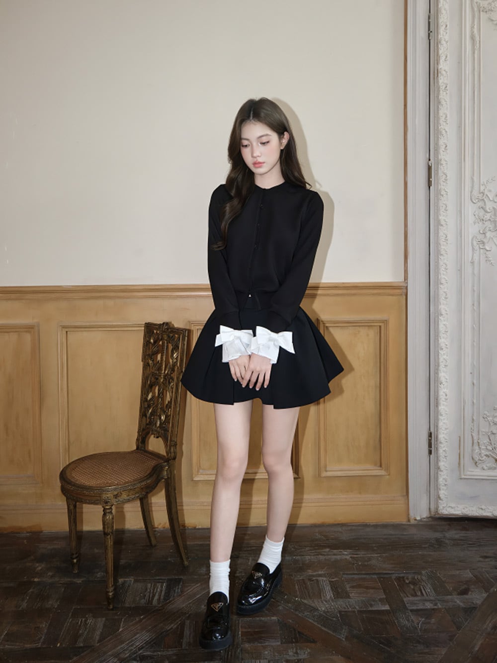 Miu系穿搭｜ヘムリボンロングスリーブニットトップス｜AVENEMENT