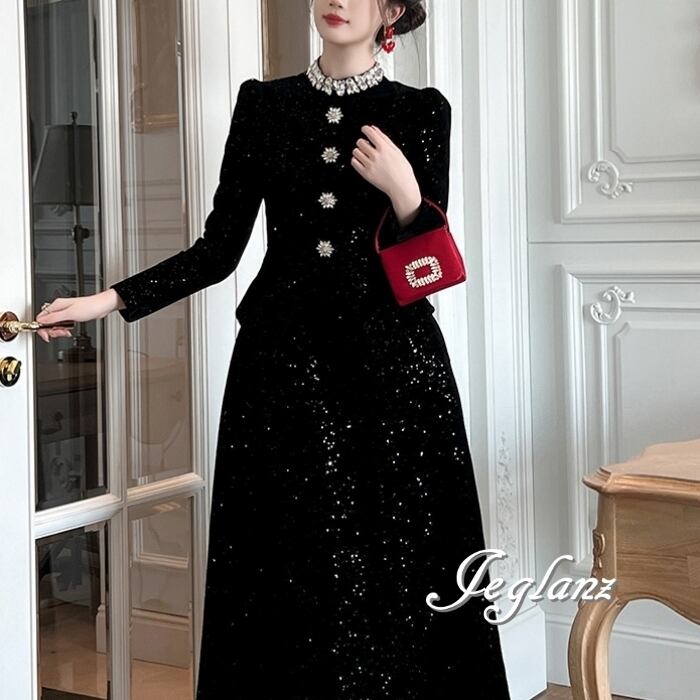 ビジュー付き パーティ ワンピース シャイニー キラキラ 光沢感(MB294)ζ