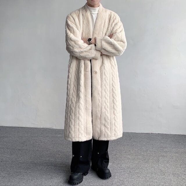 【予約販売】コート アウター ボア ガウン ケーブル柄 ミドル丈 防寒 メンズ オフホワイト シンプル 防寒 お洒落 こなれ感 ベーシック 秋冬 大きいサイズ M/L/XL/2XL/3XL