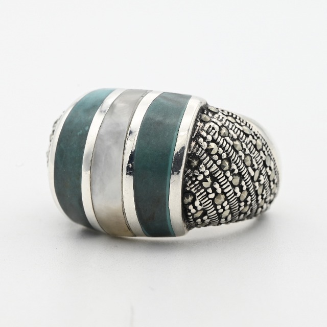 Mother Of Pearl / Enamel / Marcasite Accent Dome Style Ring #18.0 / Denmark