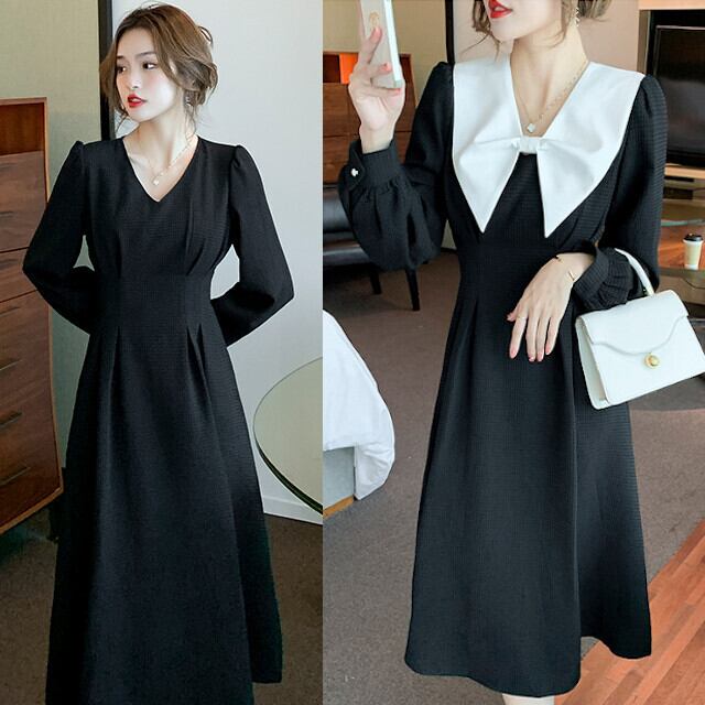 ワンピース レディース ロングワンピ ミモレ丈 長袖 オケージョンワンピ おしゃれ おめかし お出かけ デート お呼ばれ ビッグカラー 襟付き ブラック S/M/L/XL
