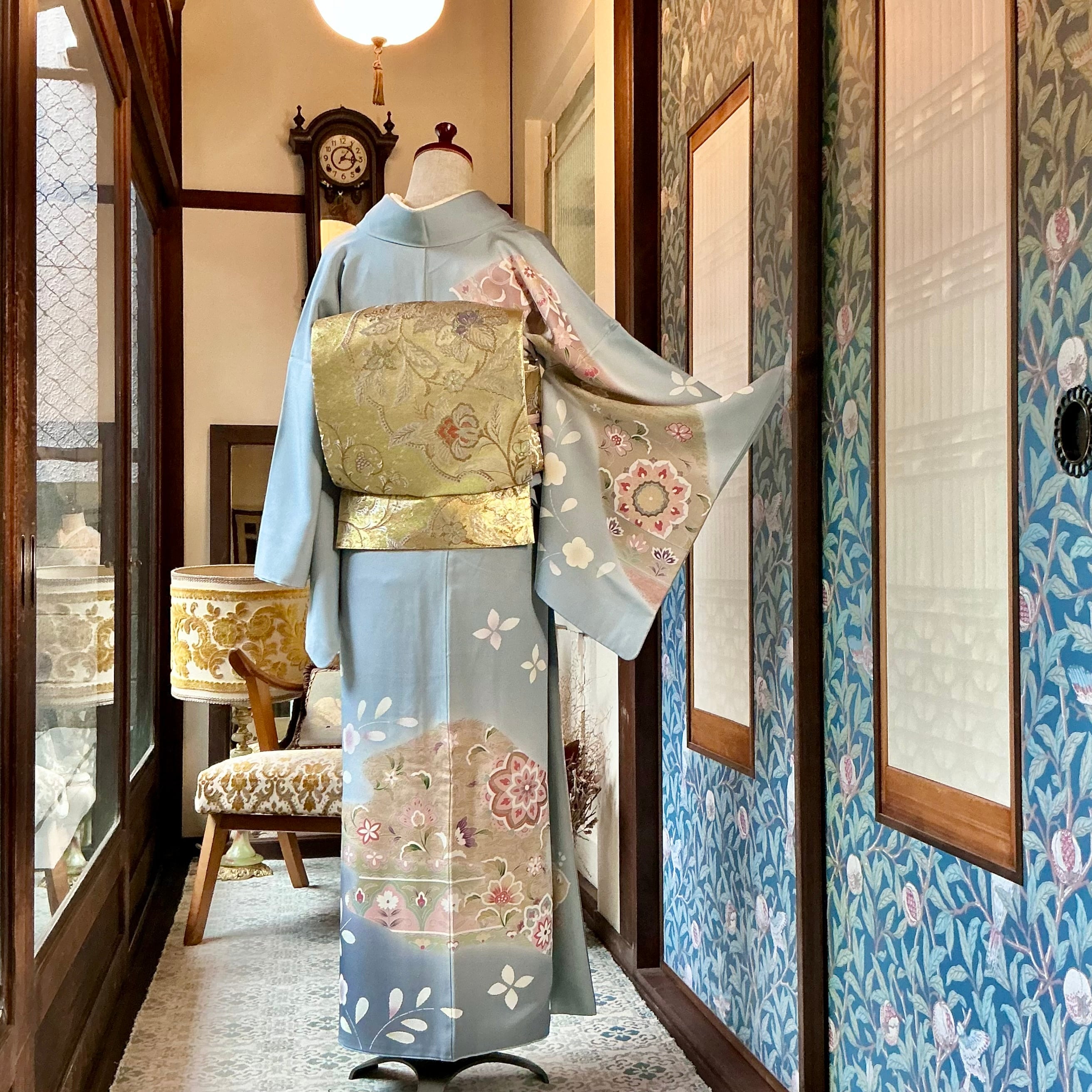 訪問着 茶 ゴールド グリーン ブルー グレー 唐花 たたき 唐花 手描き 