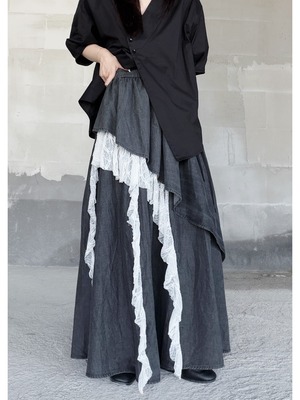 Lace tier patchwork crinkled loose long skirt [T2945]