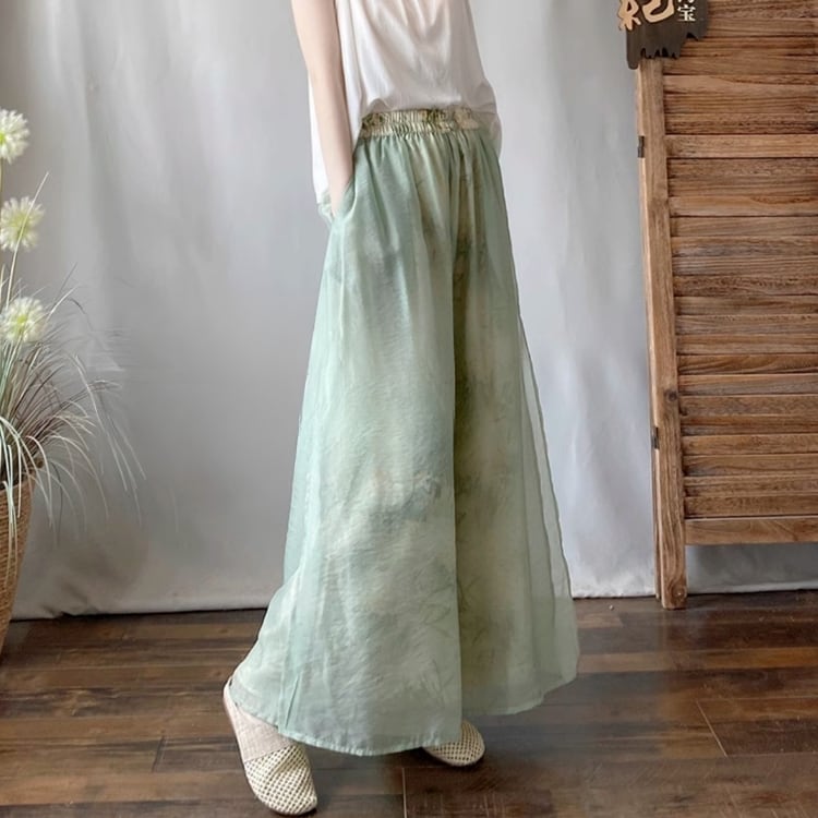 サイドスリット入り　中国風プリントワイドロングパンツ　3カラー　YS00002