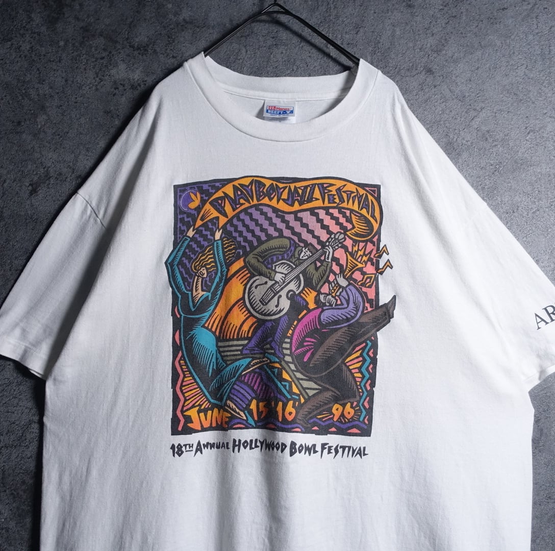 90s “Hanes” White Artistic Jazz Print T-shirt | 古着屋 FORCE