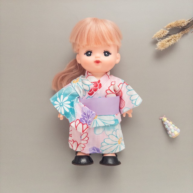 【夏限定】浴衣セット(菊ピンク帯紫)メルちゃんソランちゃん