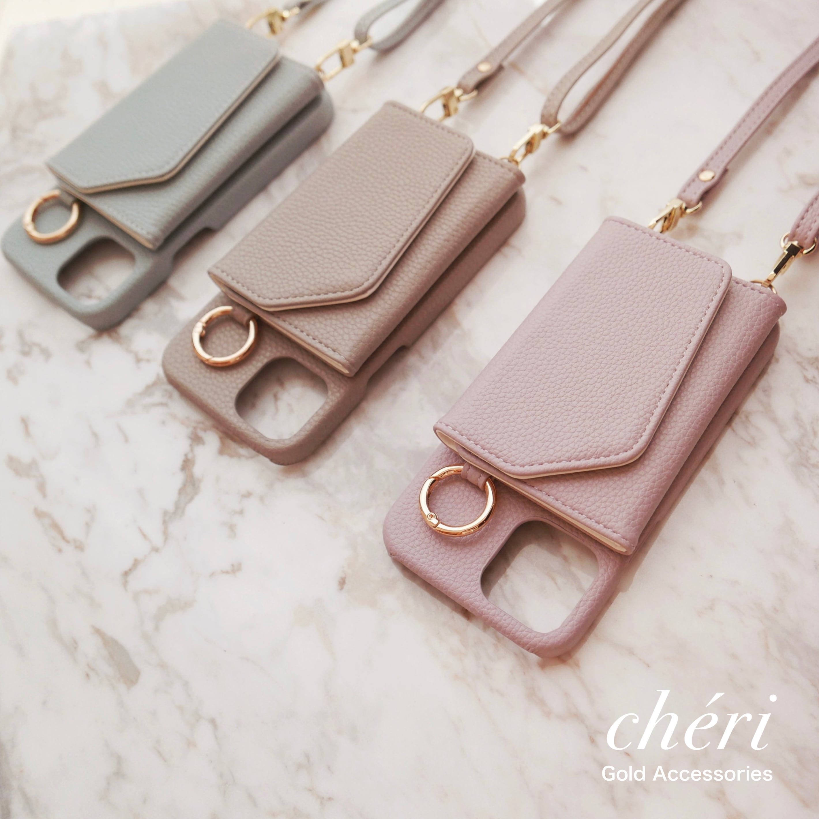 2WAYレザーショルダーiPhone用スマホケース | cheri | ゴールド