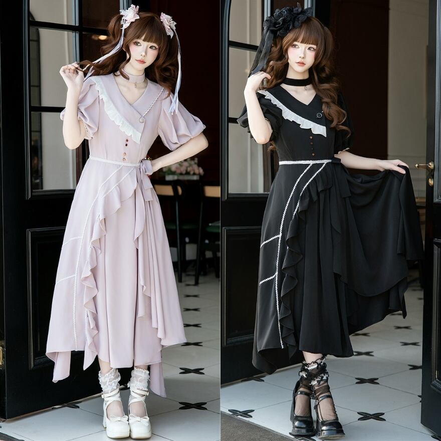 ロリータファッション 大人ガーリー アシンメトリーフリルワンピース