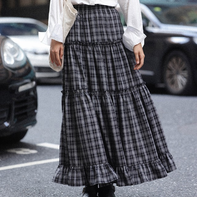 tiered check frill skirt J00076