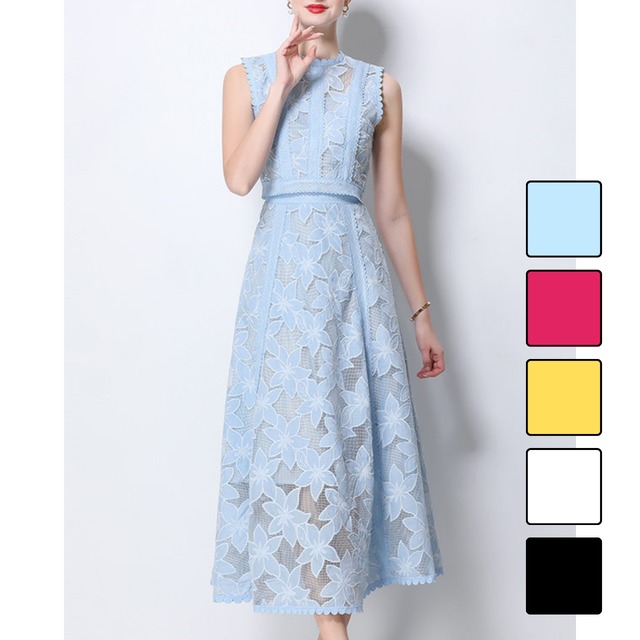 フラワー刺繍レースノースリーブワンピース 6color L2261