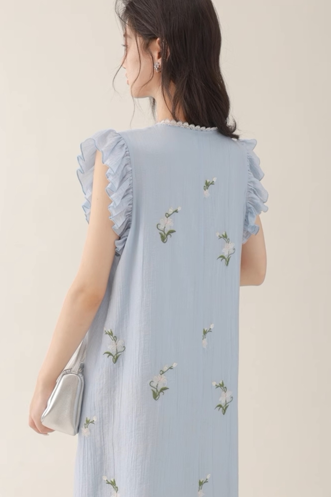 茉莉/Jasmine ワンピース ノースリーブ 茉莉花 ジャスミン刺繍 クルーネック 夏物 ロングスカート