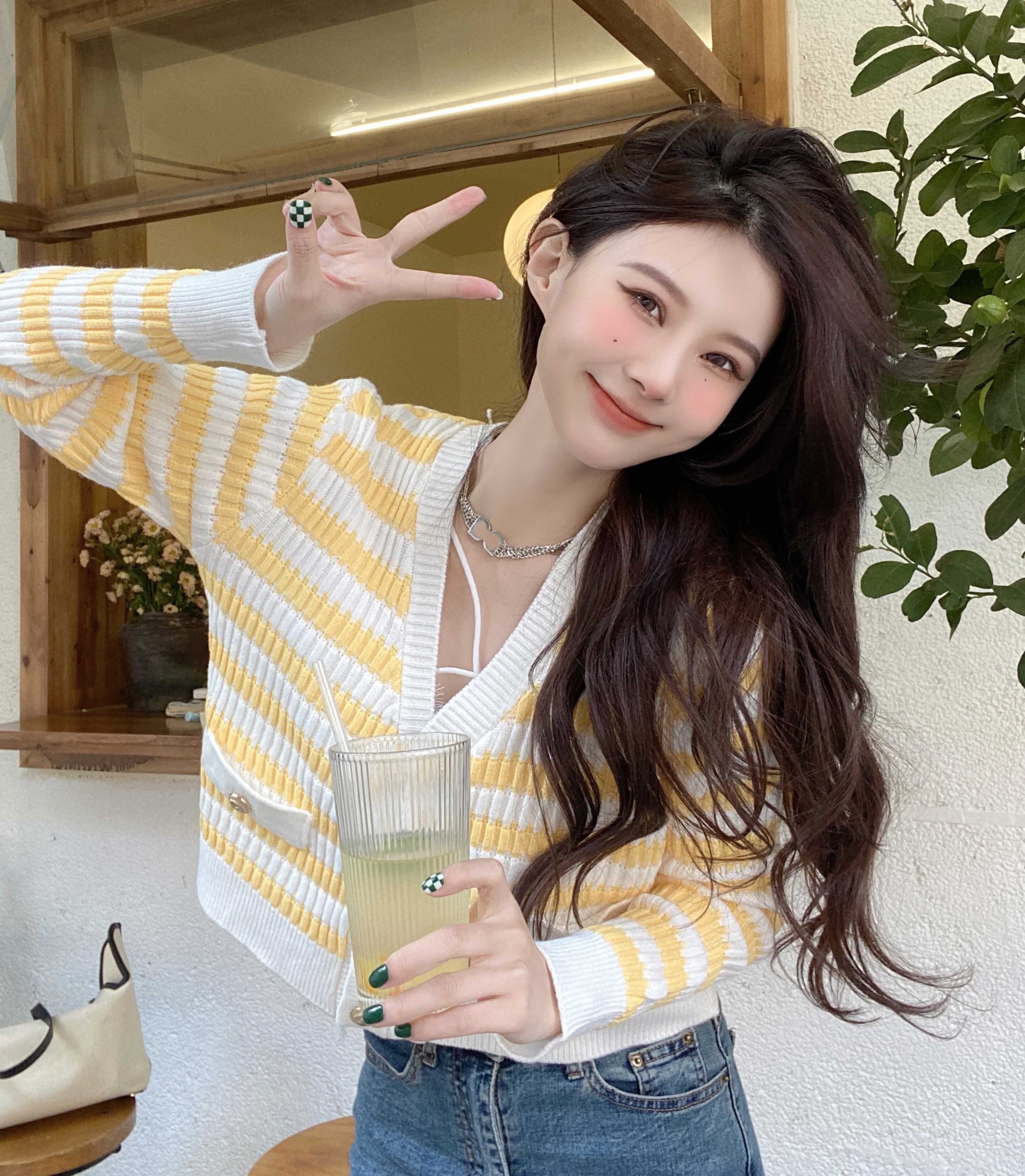 カラーストライプニットカーディガンジャケット オータムウィンターセーター ショートシャツ ロング 秋物 冬物 ブラックストロベリース5652702396