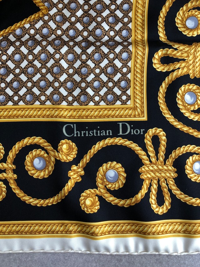 Christian Dior クリスチャン ディオール ロープ柄 スカーフ ゴールド×ブラック DIORモチーフ シルク vintage ヴィンテージ オールド ikbe8h