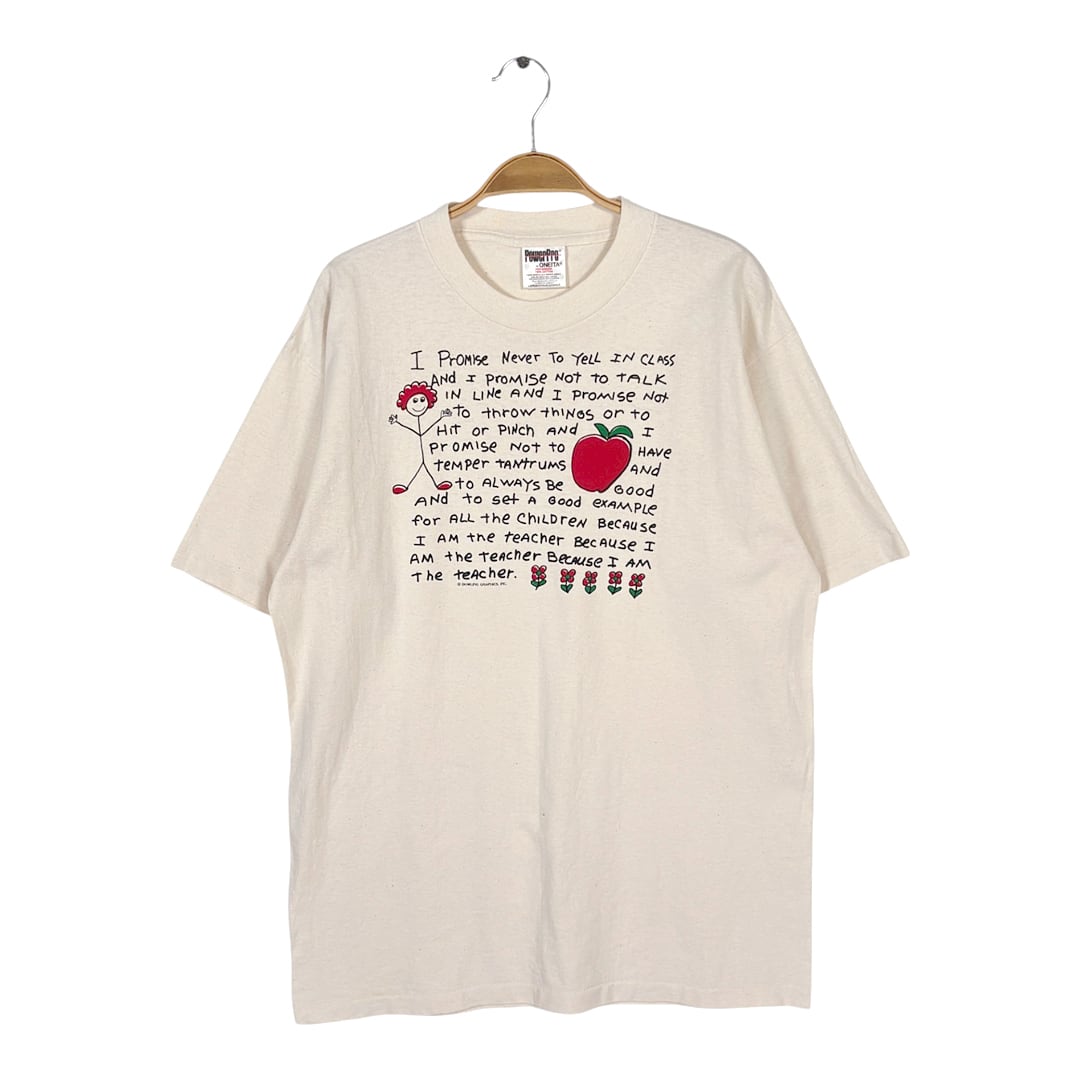90s 美品 I AM THE TEACHER US メッセージT USA製 ヴィンテージ Tシャツ 生成りベージュ イラスト シングステッチ オニータ ONEITA サイズL BZ0608