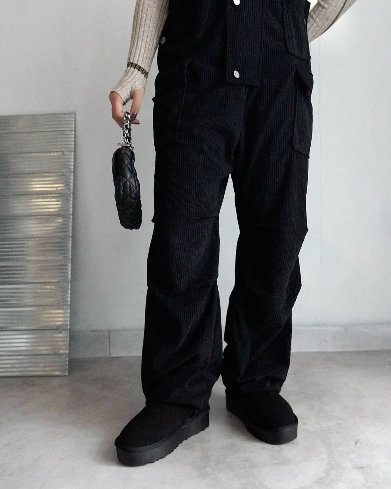 bi-color corduroy サロペット/Black