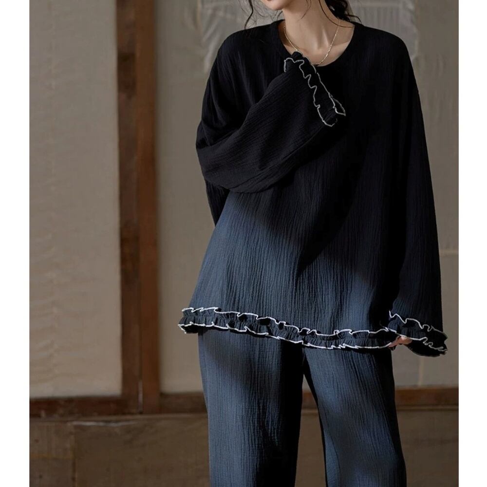【M-XL】black lace trim cotton pajamas p1719