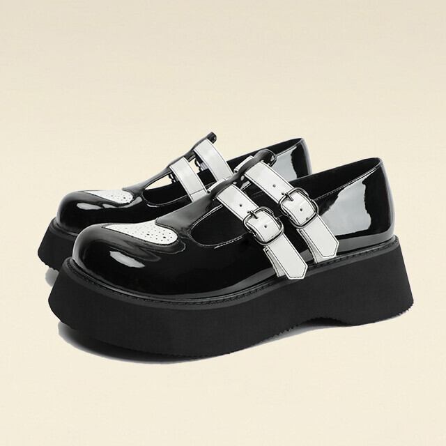 パンプス レディース シューズ 厚底 ラウンドトゥ ハート ストラップ ベルト かわいい おしゃれ ブラック バイカラー 22cm/22.5cm/23cm/23.5cm/24cm/24.5cm/25cm