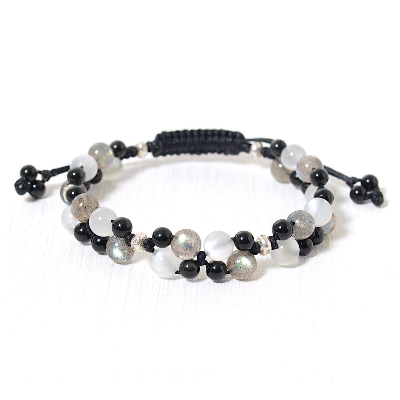 ラブラドライト+ムーンストーン+オブシディアン花*花マクラメブレスレット