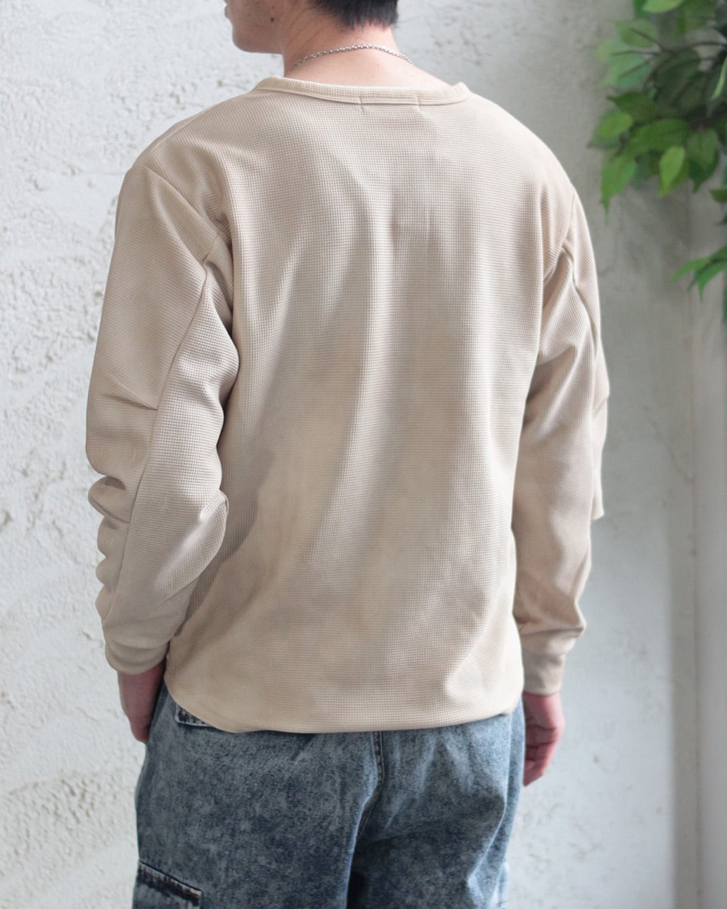 Select】ワッフル編み ヘンリーネック ビンテージ加工 長袖Tシャツ