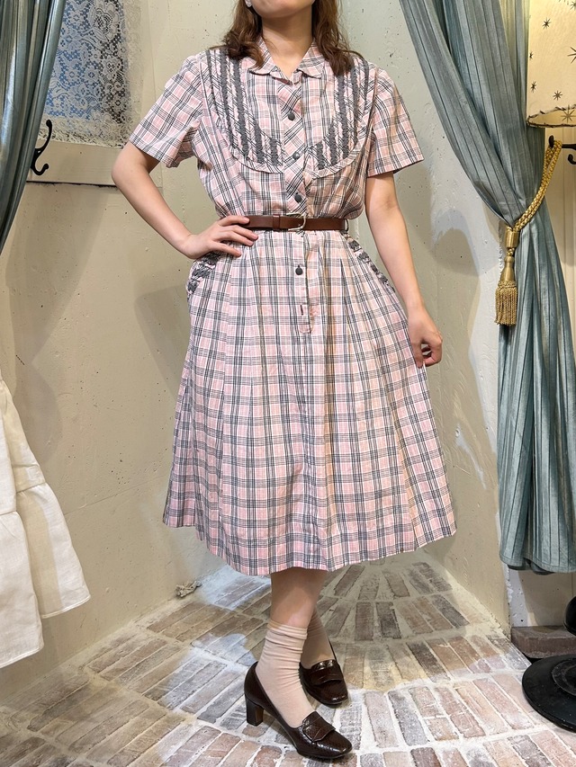 40's50's "kay whitney" pink× gray check dress
