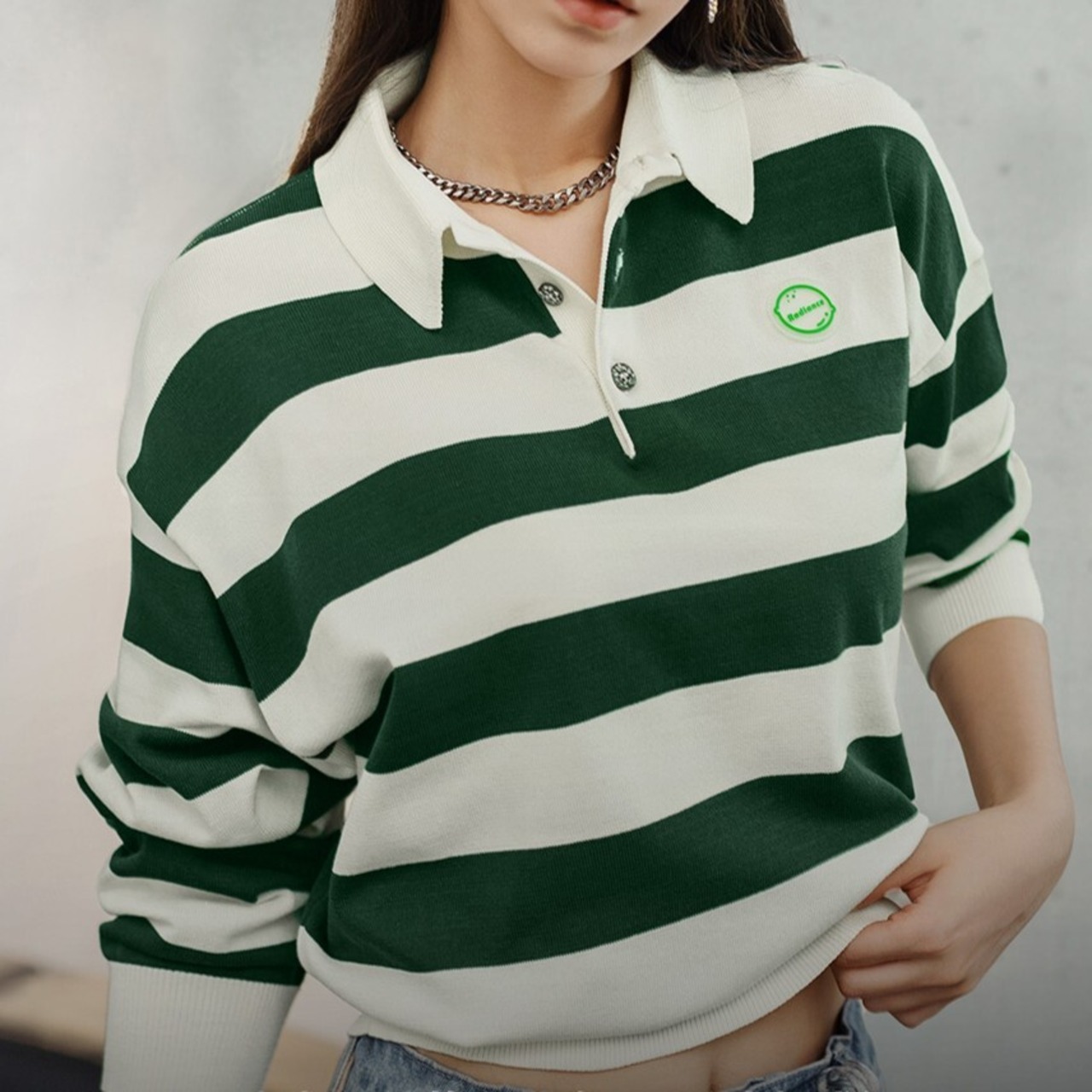 White and Green Striped Polo Shirt / ホワイト & グリーン ストライプ ポロシャツ
