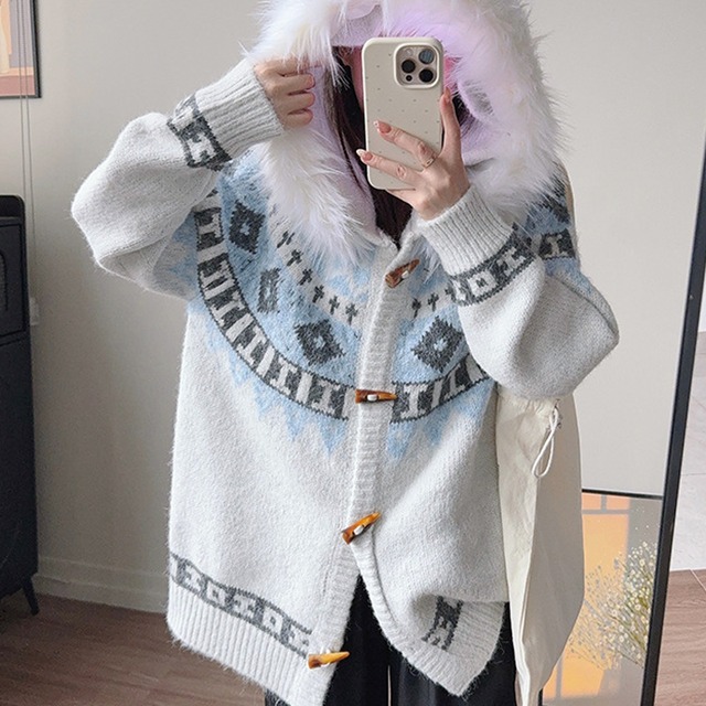 【outer】フードファーニットカーディガン Q7142