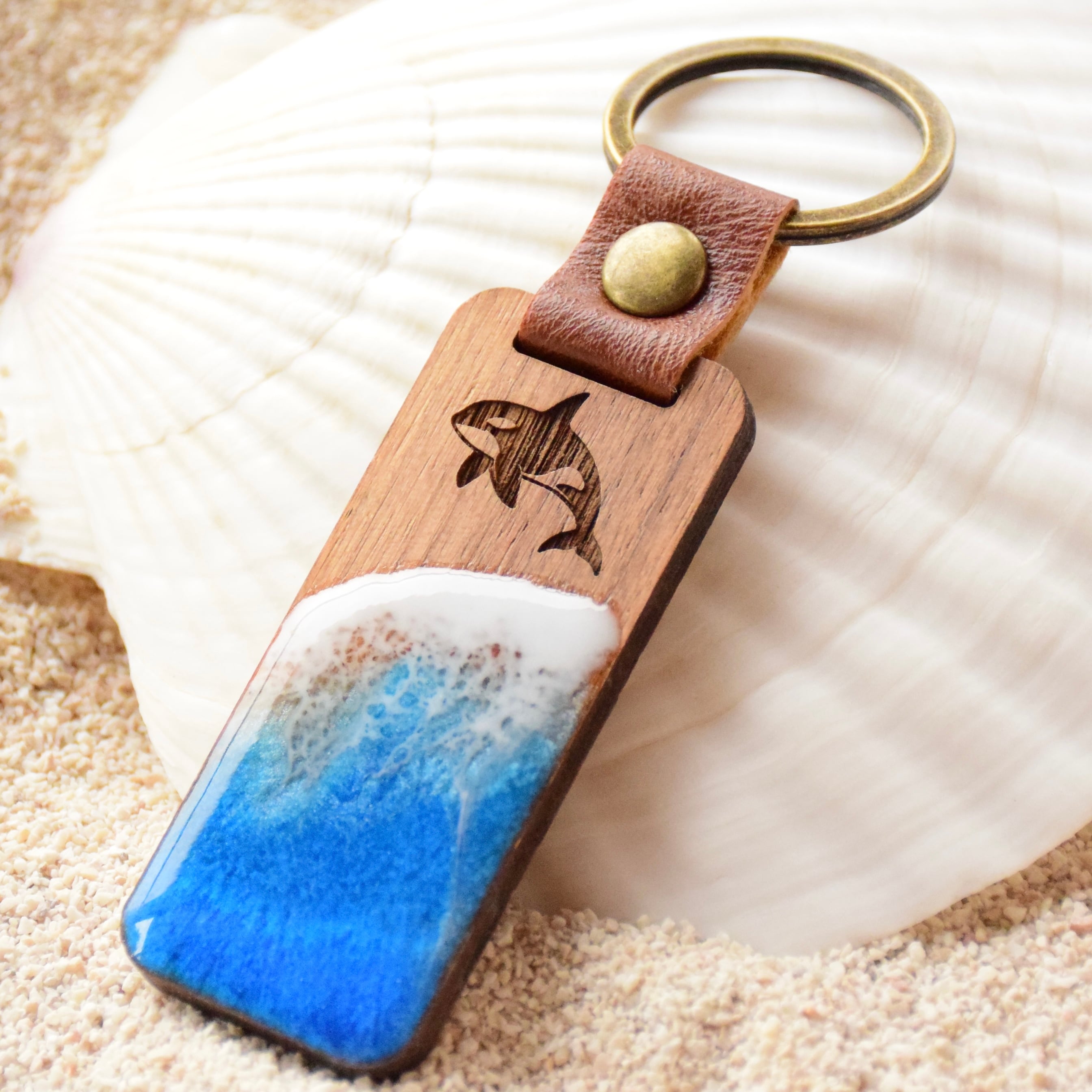 海アート×天然木 キーホルダー うみのいきもの レザーキーホルダー