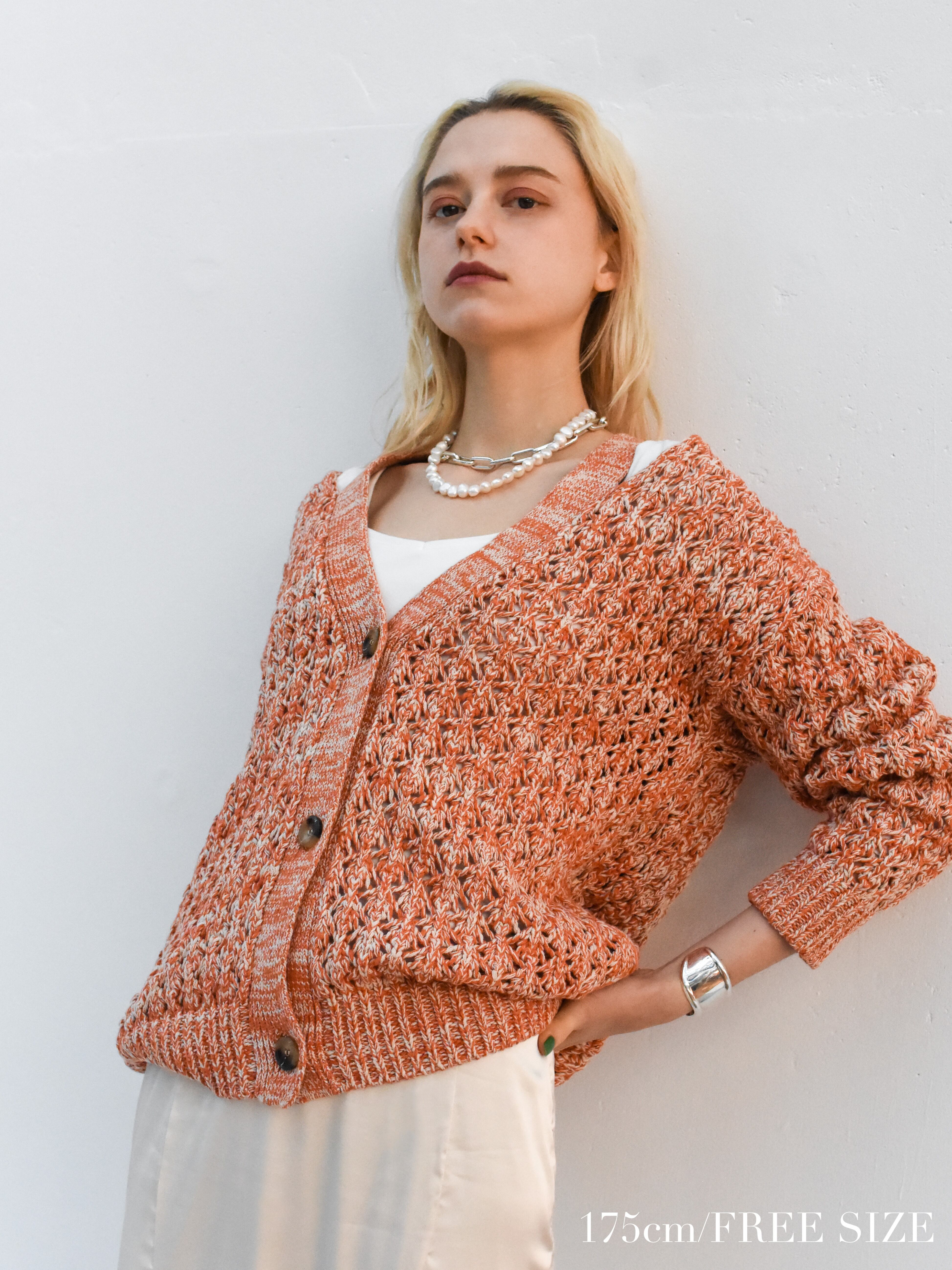 cut-out knit cardigan（orange×light beige） | Katrin TOKYO
