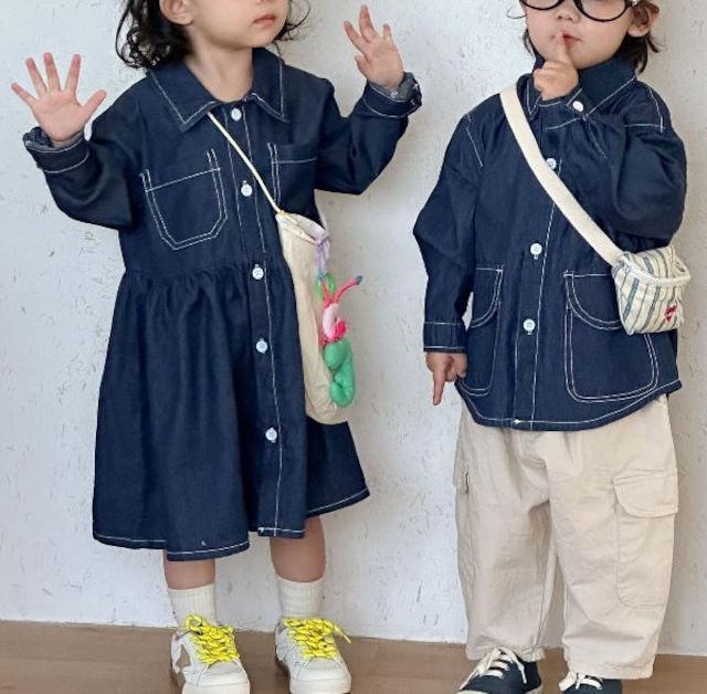 【80-150】秋デニムシャツワンピース風長袖ジャケット ベビー キッズ