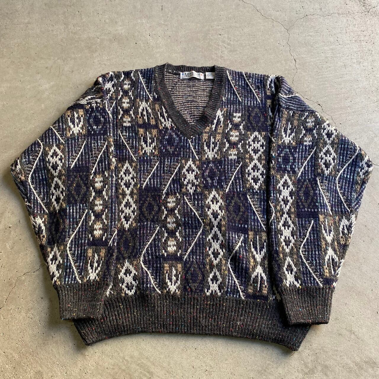 BRIAN MacNEIL 総柄 アクリル×ウール Vネック ニットセーター メンズXL
