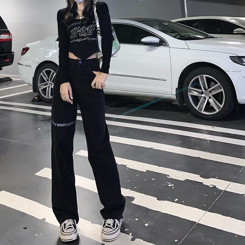 スタイルルーズハイウェストウェストジーンズ オータムプリントブラックパンツ 秋物 モンロー13934182141