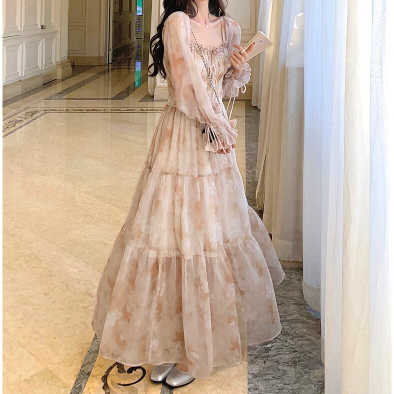 ギャザーシフォンワンピース A0254