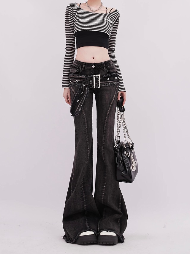 フロントベルトブーツカットブラックデニム.2321