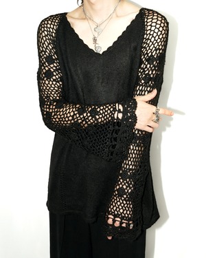 Vintage raglan flare lace sleeve V neck loose knit "BLACK"