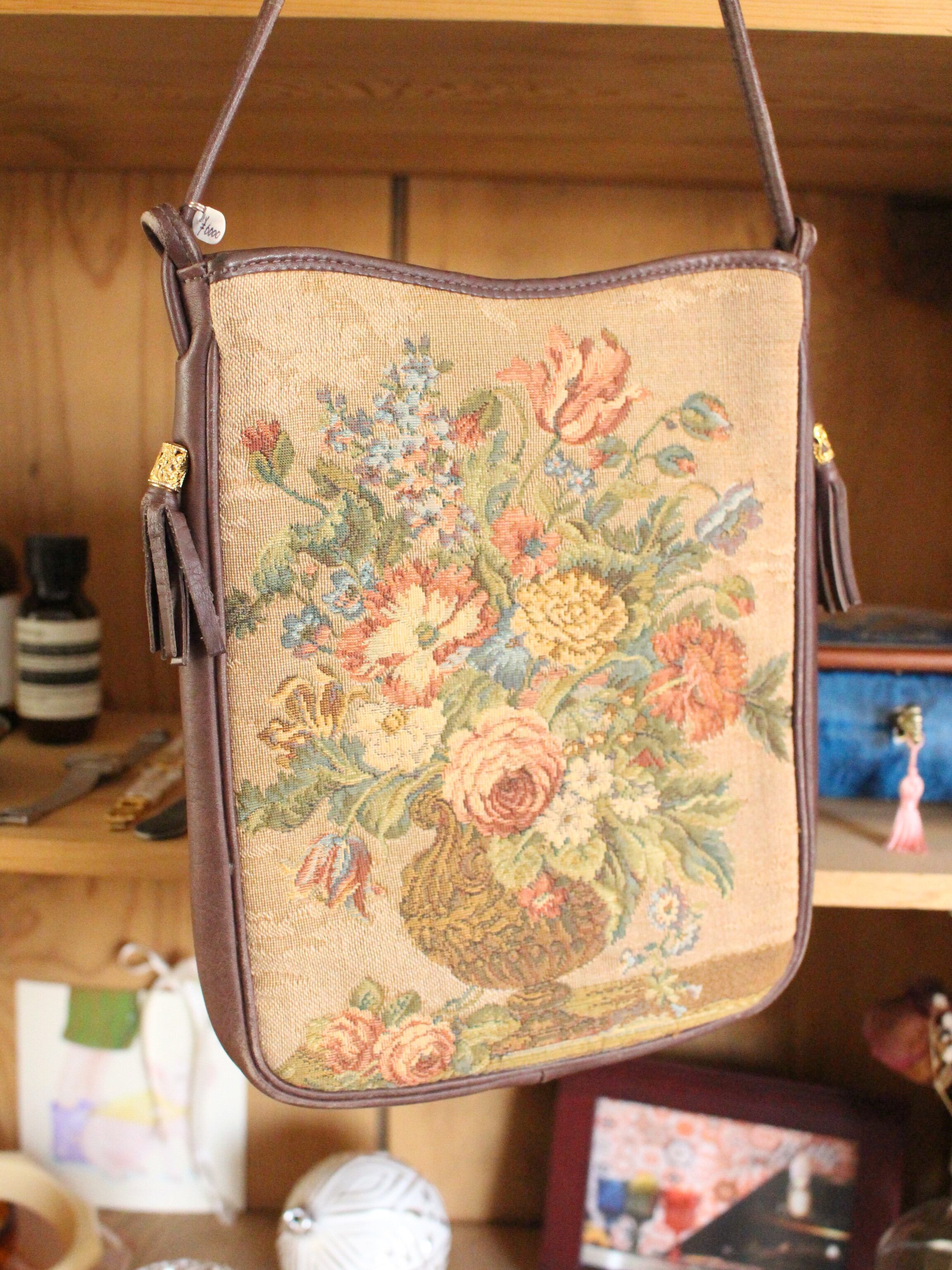 織生地花柄ショルダーバッグ ブラウン