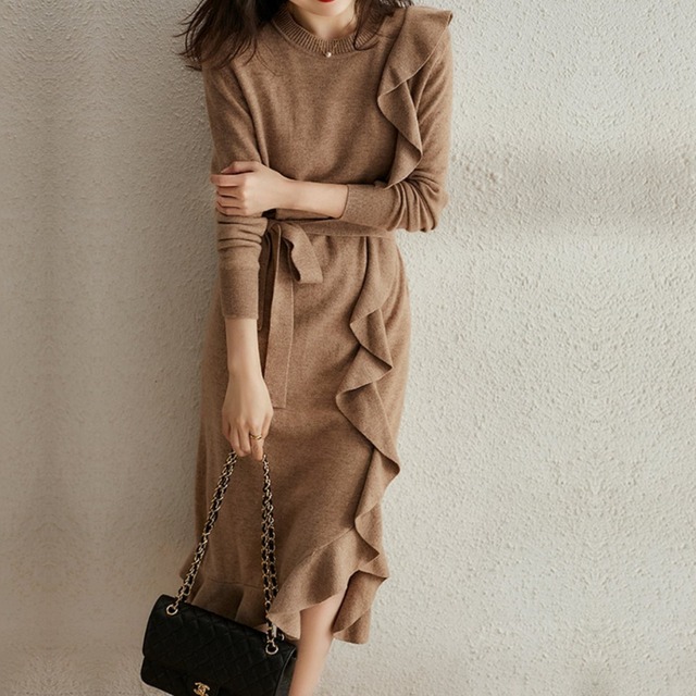 Waist ribbon elegant flare knit dress ( 2color )