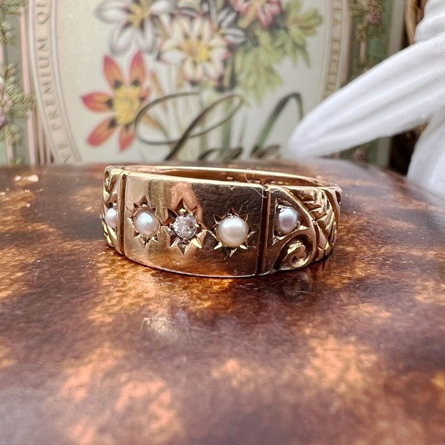 イギリス アンティーク リング 1896 K15 オールドマインカット ダイヤモンド パール 真珠 エトラスカン デザイン チェスター  DR00504