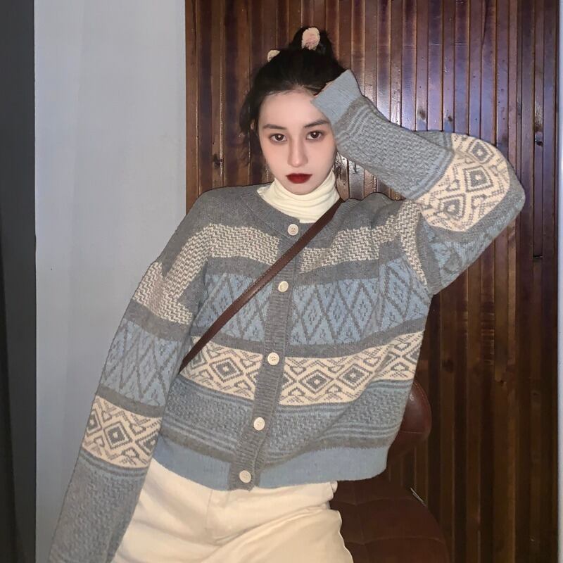 スタンダードカラーショートセーター ラウンドネックカーディガンジャケット ウィンタールーズニットトップス ロング レトロ 冬物 Oネック YY-ファッション86776798536