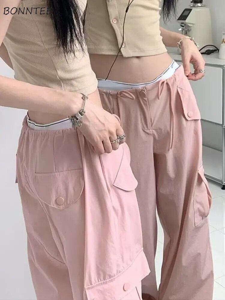 【新作】【送料無料】 カーゴパンツ女性 Kpop Y2k ルース新夏ピンク Hotsweet ストリートプレッピーレジャーシックなデザインオールマッチ原宿 OOTD ズボン 0242929949908