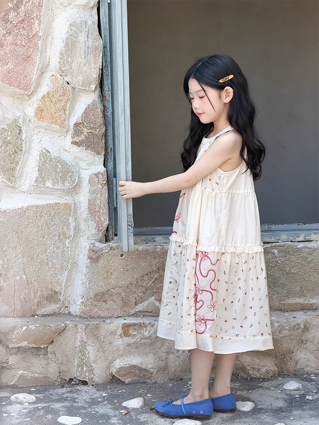 【KID】レッドラインフラワー刺繍ホルターネックワンピース - 16