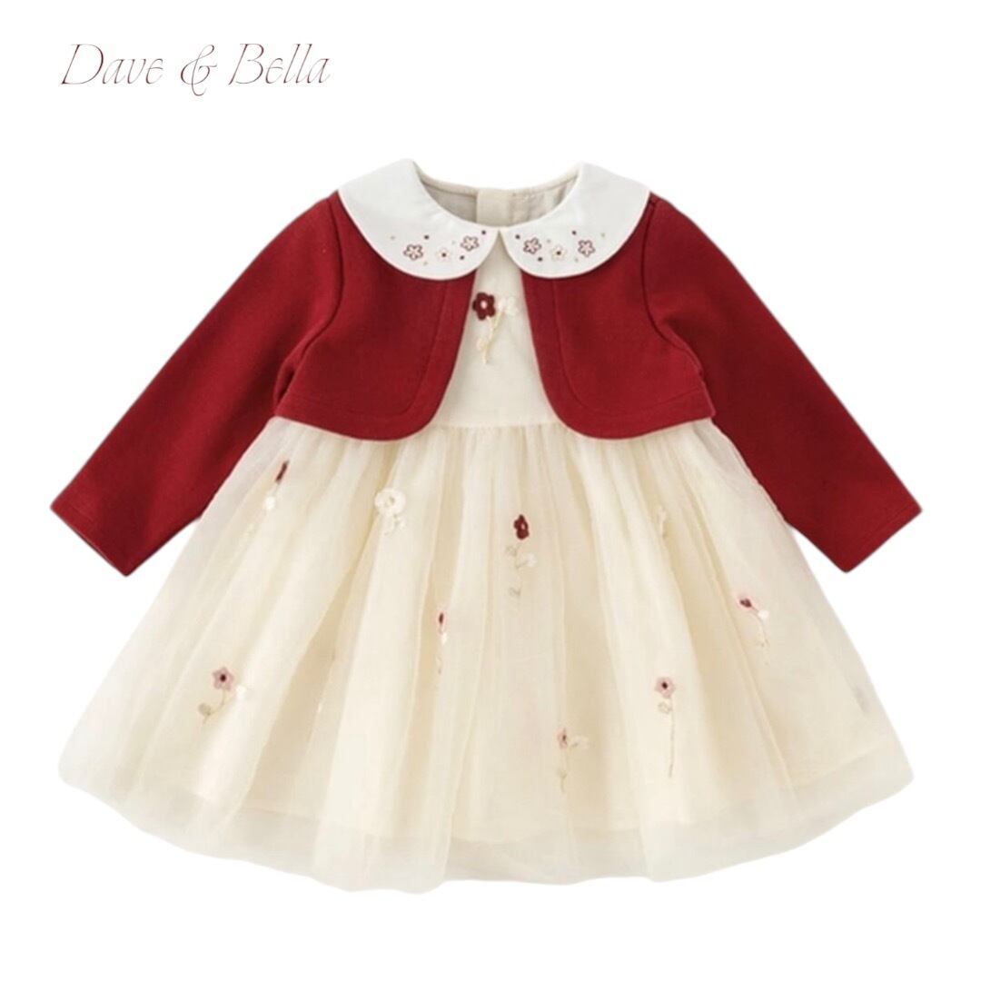 Ensemble red cardigan flower design dress