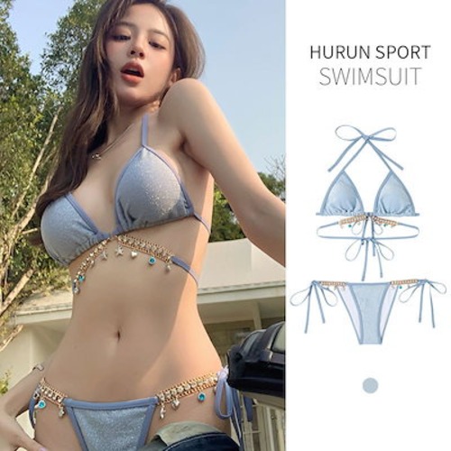 水着 レディース フィッシュ ダイヤモンド チェーン ヨーロッパとアメリカの純粋な欲望スタイル ストラップ 三角ビキニ 3 点セクシーな休暇水着