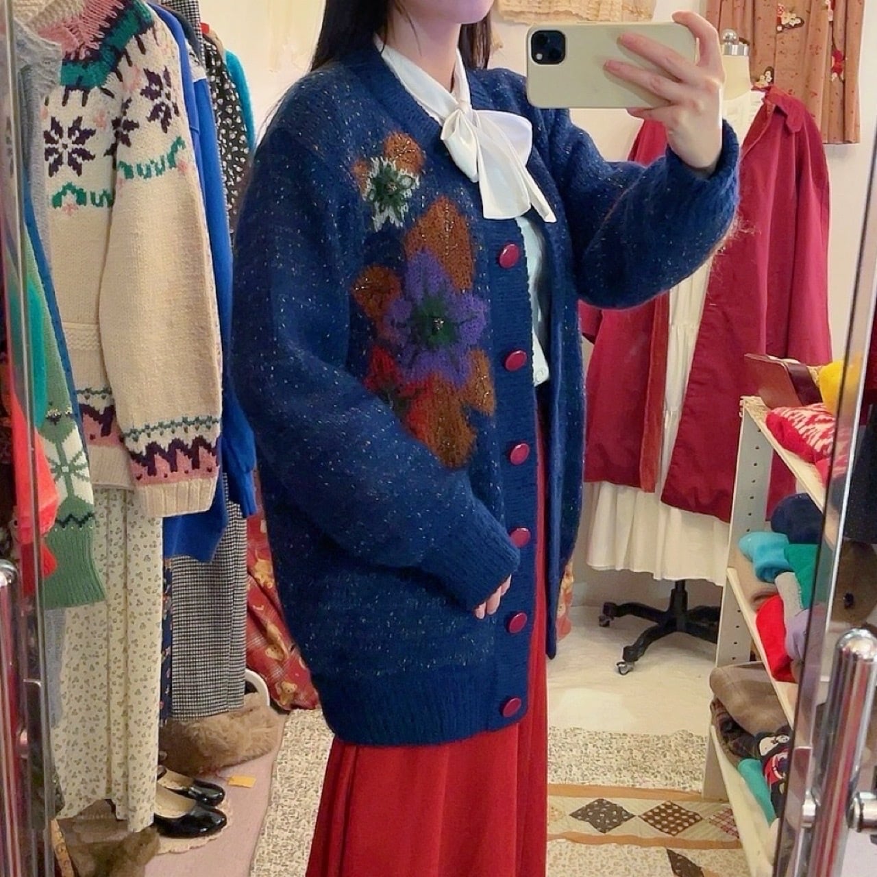 lame flower liner knit cardigan