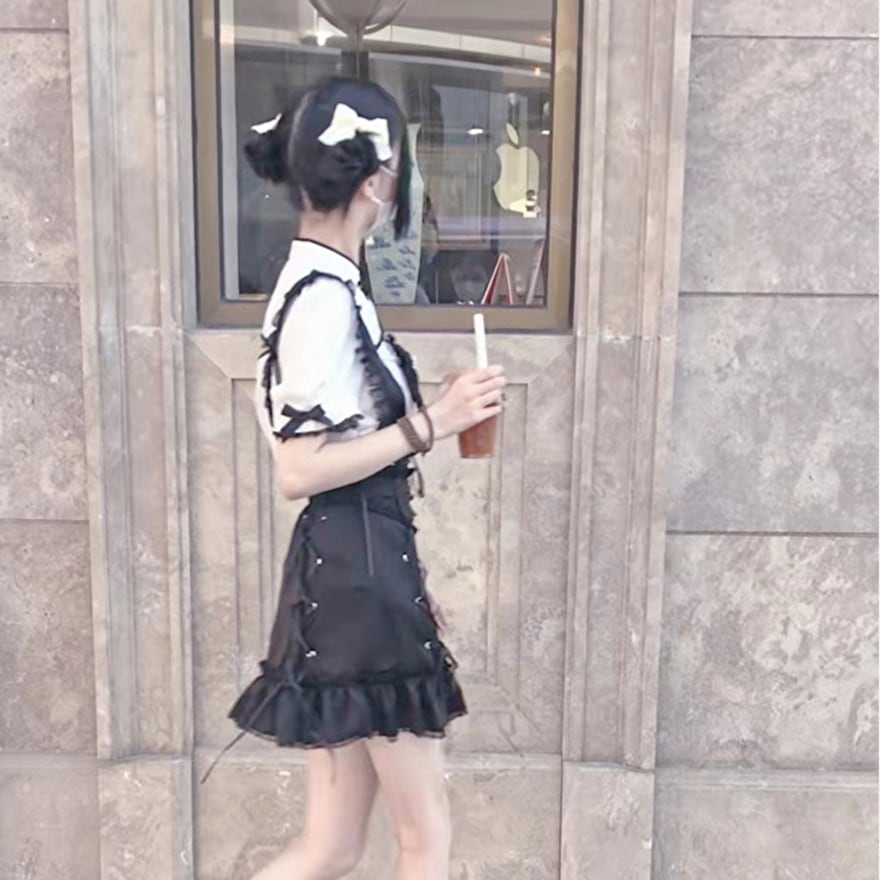服 スカート ミニスカ アシンメトリー フリル サスペンダー レース