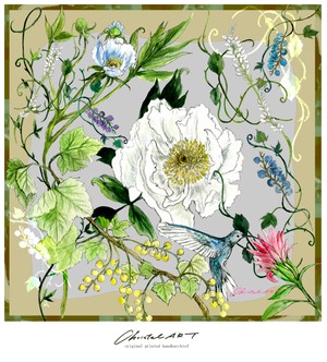 シルクスカーフ「ハチドリのいる庭」（アイボリー）50cm角