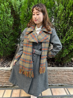 70's check gray coat with muffler& belt
