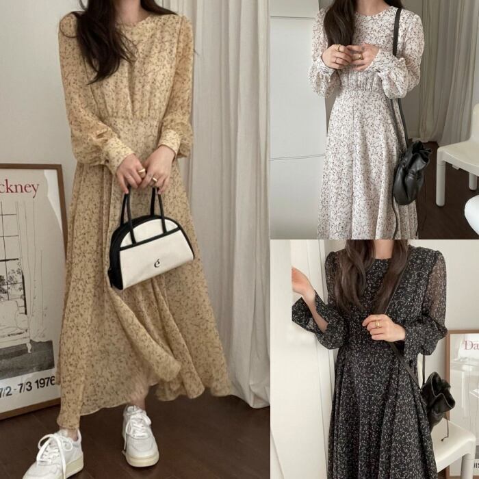 ワンピース ロングスカート ワンピドレス ロング ロング丈 袖あり パフスリーブ ラウンドネック ストレート Aライン ハイウエスト 大人可愛い カジュアル 大人 おしゃれ お洒落 レトロ 大人女子 ガーリー 柄 花柄 小花柄 秋 10代 20代 レディース 女性用 デート お出かけ 女子会 お泊まり 休日 イベント 普段使い ファッション コーデ スタイル インスタ映え フリーサイズ 白 ホワイト 黒 ブラック 黄色 イエロー